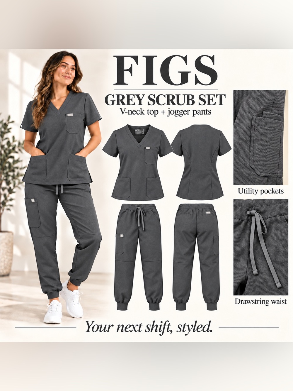 FIGS Grey V-Neck Scrub Top and Jogger Pants TECHNICAL COLLECTION
